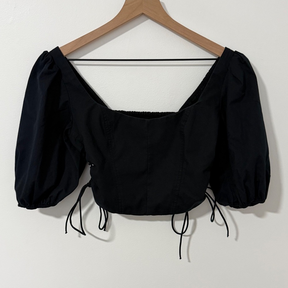 Abercrombie Fitch Corset Top Small Black Puff Sleeve Lace Up Milkmaid Ren Faire